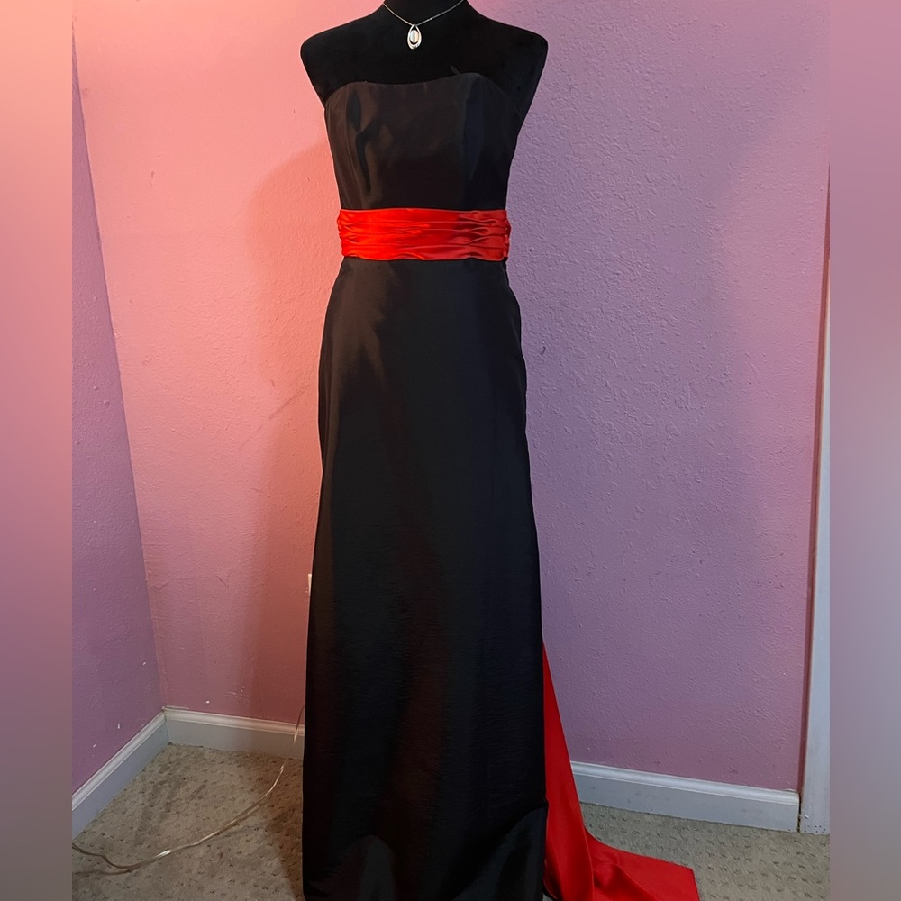 DaVinci Black Satin Formal Gown with Dramatic Red Floor-Length Sash